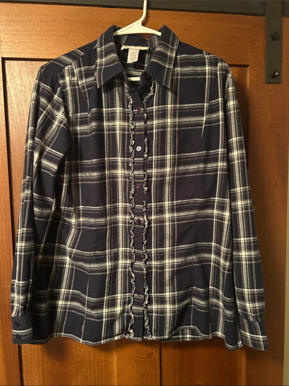 Jones New York Navy and White Plaid Button-Down with Ruffle Placket